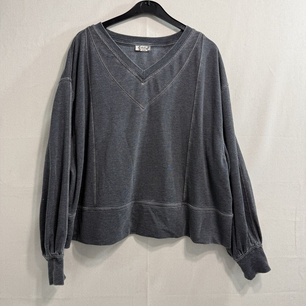 Free People Sweatshirt Womens Small Gray V Neck Oversized Pullover Washed